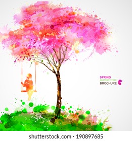 Spring blossoming tree. Dreaming girl on swing.