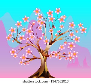 Spring blossoming tree on the background of mountains and castle.Tree is covered by flowers.Tree has a goldish colour