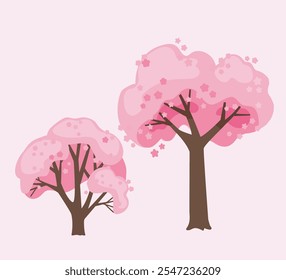 Collage de árboles en flor de primavera. Icónicas flores de cerezo de Japón. Conjunto de árboles sakura con hojas y flores de color rosa. Temporada de primavera, ilustración plana de Vector de plantas