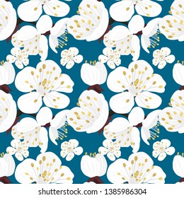 Spring blossoming trees with cute flowers.Trendy seamless pattern for your design. Sketch for wrapping paper, floral textile, background fill, fabric.