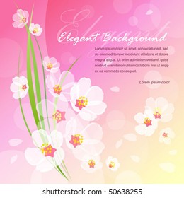 Spring blossoms background with flowers, flying petals, and fresh green stalks