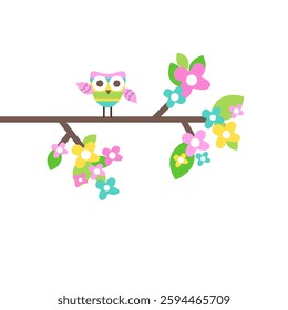 Spring Blossoms, A Colorful Blooming Branch with a Cute Owl