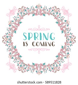 Spring blossoms hexagonal frame. Vector ornament of spring flowers on branches. Seasonal card template. There is copyspace for your text in the center.