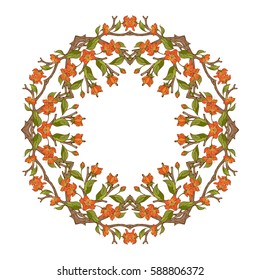 Spring blossoms hexagonal ornament. Frame of spring flowers on branches. Spring tree mandala. Vector card template. There is copy-space for your text in the center.