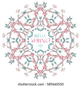 Spring blossoms mandala. Vector ornament of cherry blossoms and leaves on tree branches. There is copyspace for your text in the center.