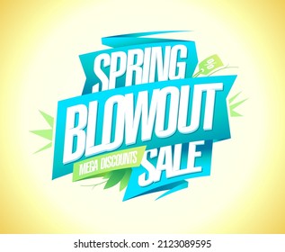 Spring blowout sale, mega discounts, web banner or flyer advertising design template with ribbons