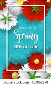 Spring blue background banner with colorful flowers for poster, publishing, invitation, brochure, voucher, discount, advertising, websites, magazines, label