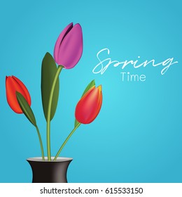 Spring blue background with beautiful tulip flower. Vector illustration