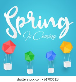 Spring blue background with colorful peper box balloon. Vector illustration