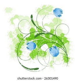 Spring blue background with flowers and swirls