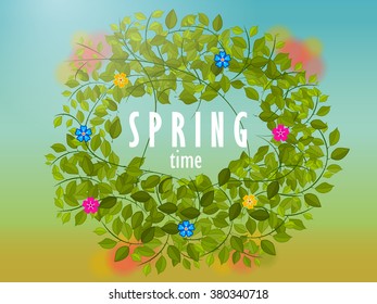 spring blue background of green leaves and flowers