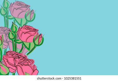 Spring blue background with pink flowers. Floral elements for your design. Vector.