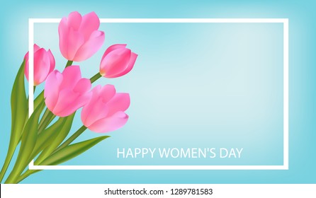 Spring blue Background with Tulips. March 8 International Women's Day greeting card template with flowers. Vector Illustration.
