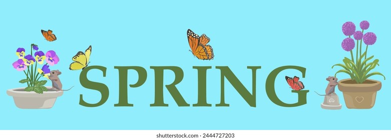 spring blue banner with mice, butterflies and allium flowers and violets