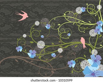 spring blue floral lace and pink swallows (vector)