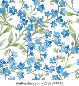 Spring blue forget-me-nots flowers and leaves isolated on white background vector seamless pattern. Myosotis flowers or scorpion grasses frame for text. Forget-me-not myosotis flowers holiday card backdrop.  Summer dress textile print. Memorial symbols