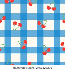 Spring blue Gingham plaid vector seamless cherry pattern. Check surface design with cherry. Geometric abstract background. Seamless cherries as hearts with blue check background.