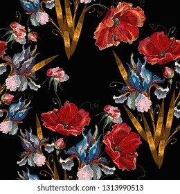 Spring blue irises and red poppies flowers, embroidery seamless pattern. Fashion art nouveau template for clothes, t-shirt design. Renaissance art 