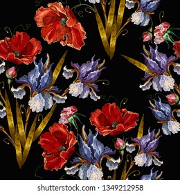 Spring blue irises and red poppies flowers, embroidery seamless pattern. Renaissance art. Fashion art nouveau template for clothes, t-shirt design 