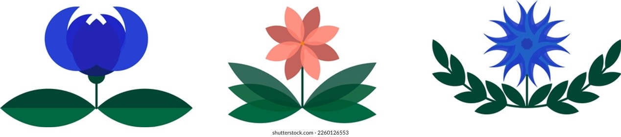 Flores azules y rojas de primavera. Ilustración vectorial simple
