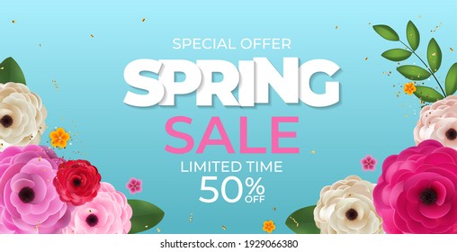 Spring Blue Sale Background Poster Natural Flowers Template. Vector Illustration EPS10