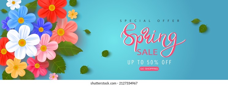 Blaue Frühlingsblase Hintergrund Poster Natural Blumen Template. Vektorgrafik EPS10
