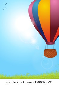 Spring Blue Sky Background with Air Balloon Sunshine Birds and Grass