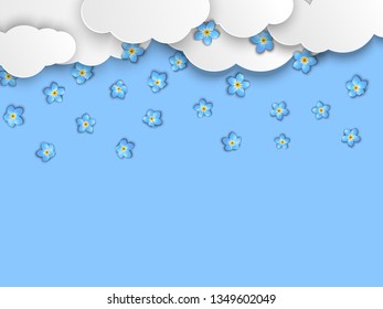 Spring blue sky paper cut background. Forget me not realistic flowers and white clouds. Vector beautiful nature design template with place for text.
