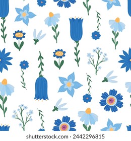 Spring blue wildflowers seamless pattern, floral repeat surface print for wallpaper, textile prints, stationary, wrapping paper, packaging, etc. EPS 10