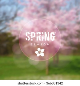 Spring blurred background with blossoming japanese cherry trees, vector illustration