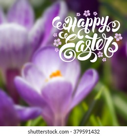 Spring Blurred Background for Easter Greeting with Violet Crocus Flowers. Calligraphic Lettering Inscription Happy Easter. Vector Illustration.