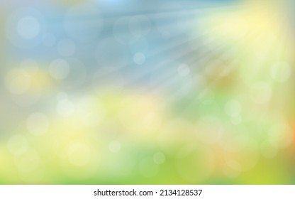 Spring blurred background whith sun rays. Realistic vector.