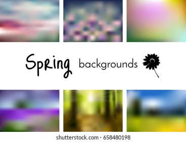 Spring blurred backgrounds set for poster, banner, advertising, invitation, cover or web design. Vector image.