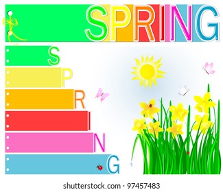 Spring booklet with yellow ribbon and bow. Pages with carved along the edge of the letters S, P, R, I, N, G.  Daffodils in the grass with the sun and butterflies. Vector eps 10.