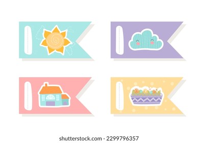 Spring bookmarks set. Collection of graphic elements for website. Sun, cloud, house and plants. Education, learning and training. Cartoon flat vector illustrations isolated on white background