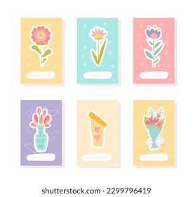 Spring bookmarks set. Collection of reading materials with drawings of flowers. Aesthetics and elegance. Covers for notebooks and diary. Cartoon flat vector illustrations isolated on white background