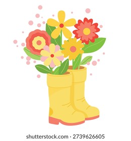 Spring Boots Filled with Flowers, Bright Floral Art. Rain boot Bouquet, Cheerful Garden Illustration. Wellies with Blooms