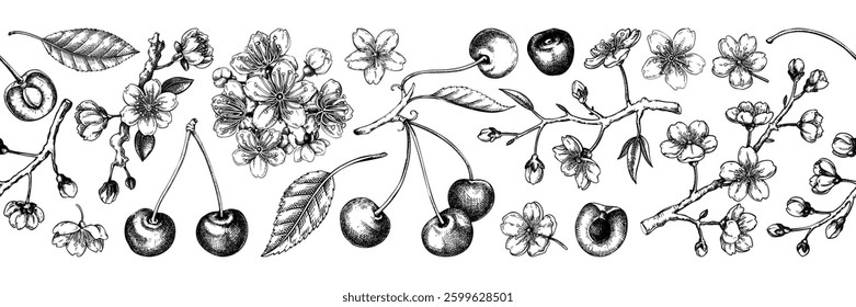 Spring border design. Cherry blossom seamless pattern, engraved sakura. Berry fruit hand-drawn vector illustrations. NOT AI generated
