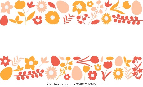 Spring border with flowers and Easter eggs. Vector illustration. 