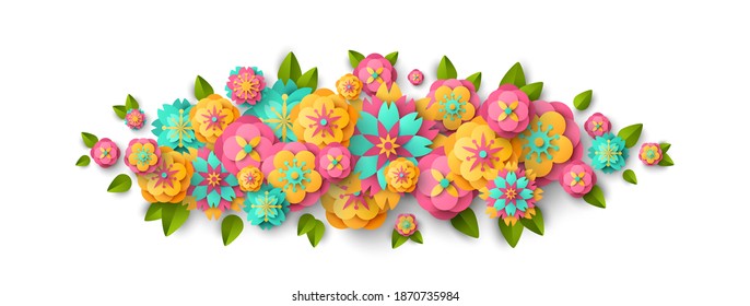 Spring border with paper cut flowers and leaves isolated on white background. Bright colorful geometric forms. Vector illustration. Fresh design for posters, brochures or vouchers.