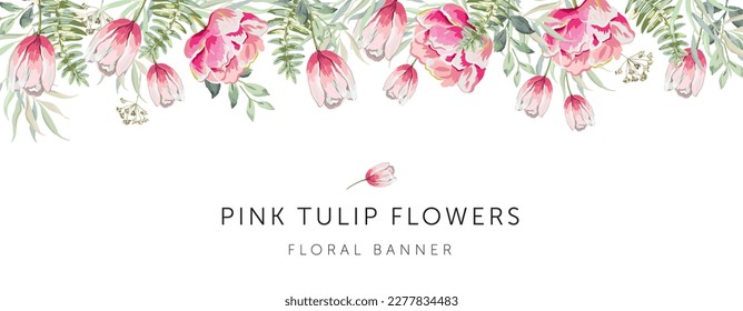 Spring border of pink tulip flowers, green leaves, white background. Wedding invitation banner frame. Vector illustration. Floral arrangement. Design template greeting card