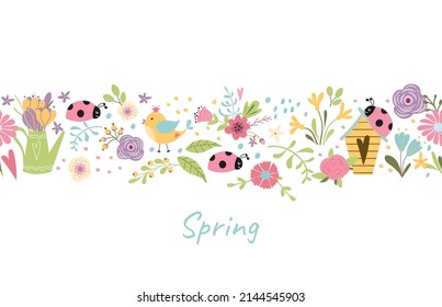 Spring border. Spring seamless flower border with colorful daisies, bird, insect, ladybug birdhouse. Repeated floral border, repeated pattern Summer vector illustration. Cartoon nature graphic element