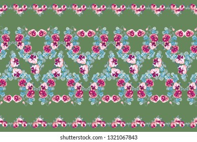 Spring border in small garden sweet flowers. Millefleur. Floral cute background for textile, wallpaper, pattern fills, covers, surface, print, gift wrap, scrapbooking, decoupage.