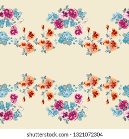 Spring border in small garden sweet flowers. Millefleur. Floral cute background for textile, wallpaper, pattern fills, covers, surface, print, gift wrap, scrapbooking, decoupage.