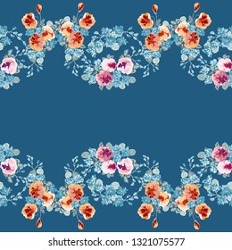 Spring border in small garden sweet flowers. Millefleur. Floral cute background for textile, wallpaper, pattern fills, covers, surface, print, gift wrap, scrapbooking, decoupage.