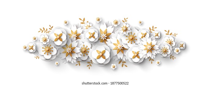 Spring border with white paper cut flowers and golden leaves isolated on bright background. Vector illustration. Cute design for posters, brochures or vouchers, wedding save the date cards.