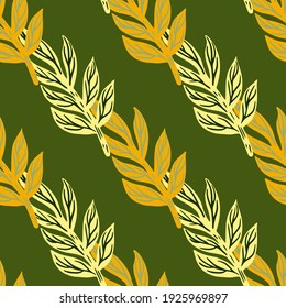 Spring botanic seamless pattern with doodle orange tropic leaves branches silhouettes. Green background. Designed for fabric design, textile print, wrapping, cover. Vector illustration.