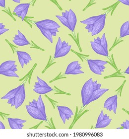 Spring botanic seamless pattern with random blue crocus flower. Light green background. Floral backdrop. Vector illustration for seasonal textile prints, fabric, banners, backdrops and wallpapers.