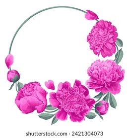 A spring botanical arrangement of pink peonies forming a round flower frame. A place for your text, advertising, a ready-to-use clip art element for your product design.