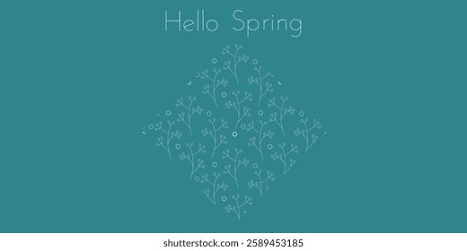 Spring botanical background with linear flowers white color in  the shape of square. Vector illustration isolated on green background